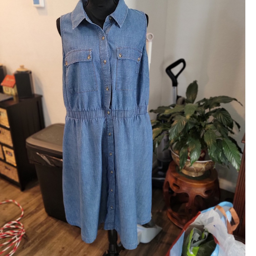 Ava & Viv Womens 1X Blue Denim Sleeveless Button Front Shirt Dress w/ Pockets